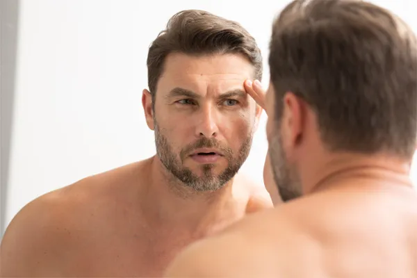 Mężczyzna przed lustrem ogląda okolice oczu